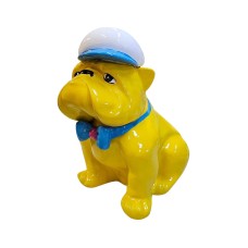 Figura Buldog Pop-Art Neo-Pop żółty z czapką i muchą wysoki połysk żywica H: 40cm