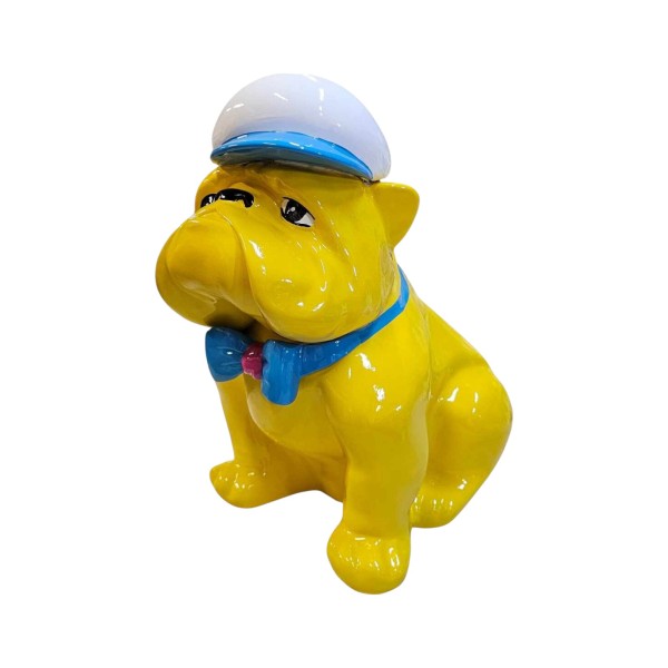 Figura Buldog Pop-Art Neo-Pop żółty z czapką i muchą wysoki połysk żywica H: 40cm