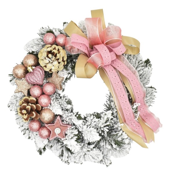 Wianek dekorowany ośnieżony 25 cm RÓŻ