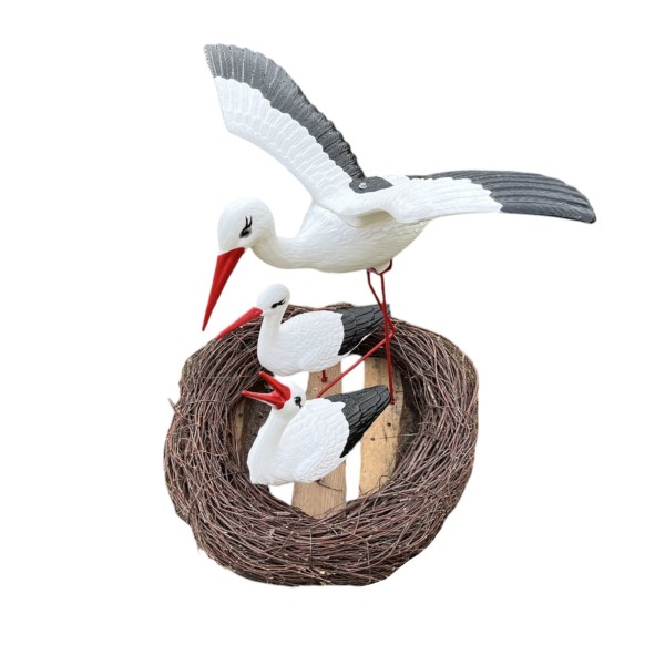 Figura ozdobna ogrodowa BOCIANIE GNIAZDO 3 BOCIANY z bocianem lecącym H: 75cm do ogrodu
