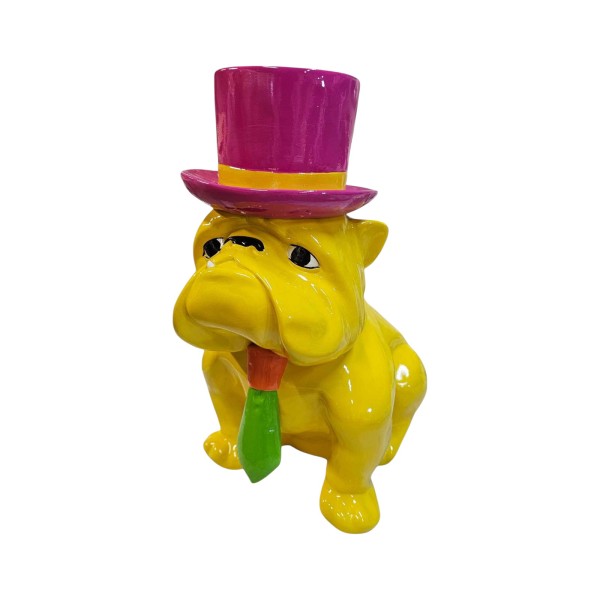 Figura Buldog Pop-Art Neo-Pop żółty z cylindrem i krawatem wysoki połysk żywica H: 40cm
