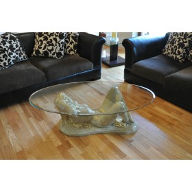 Stolik kawowy z rzeźbą kobiety szklany owalny blat elegancki design, H: 0,4m - zdjęcie 8