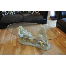 Stolik kawowy z rzeźbą kobiety szklany owalny blat elegancki design, H: 0,4m
