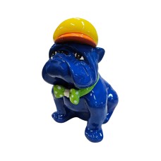Figura Buldog Pop-Art Neo-Pop niebieski z czapką i muchą wysoki połysk żywica H: 40cm