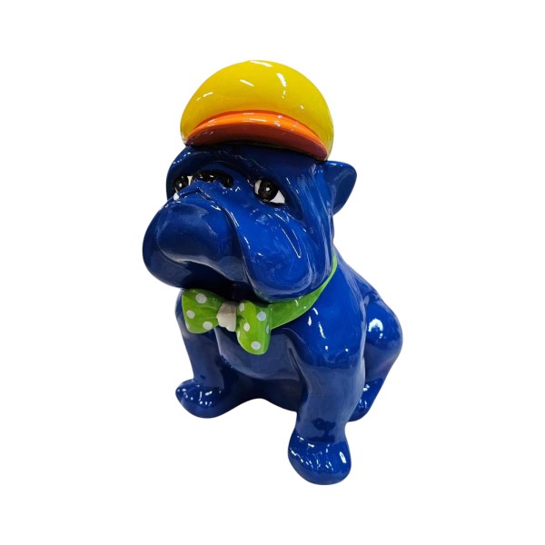 Figura Buldog Pop-Art Neo-Pop niebieski z czapką i muchą wysoki połysk żywica H: 40cm
