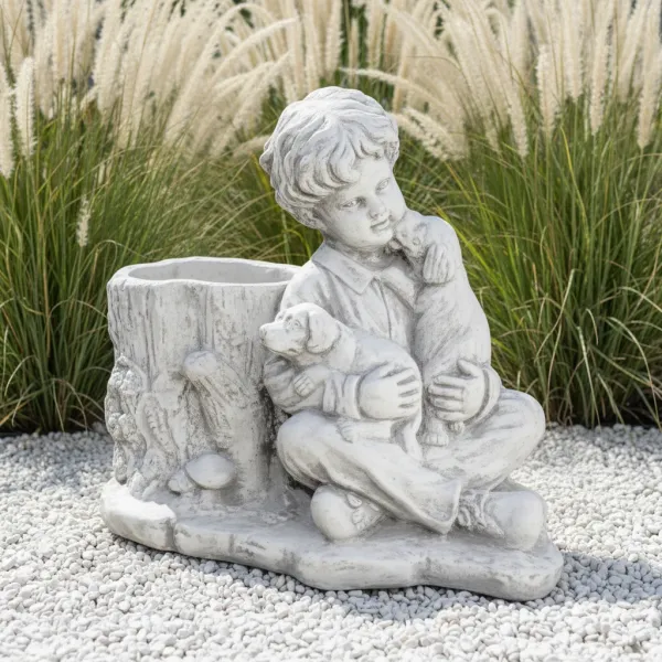 Figura ogrodowa Donica Chłopiec z pieskami H: 45cm betonowa
