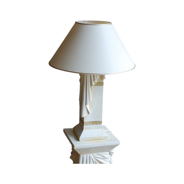 Biała lampa nocna w greckim stylu z draperiami i złotymi wstawkami, H:0,69m