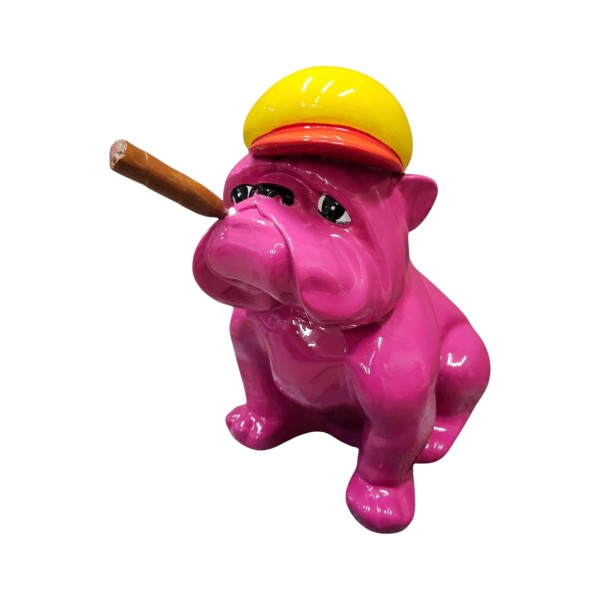 Figura Buldog Pop-Art Monokolor styl Koons w czapce z cygarem różowy wysoki połysk żywica H: 40cm