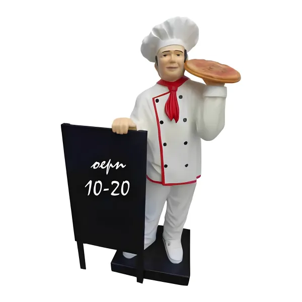 Figura dekoracyjna Kucharz z pizzą i tablicą H: 140cm z żywicy