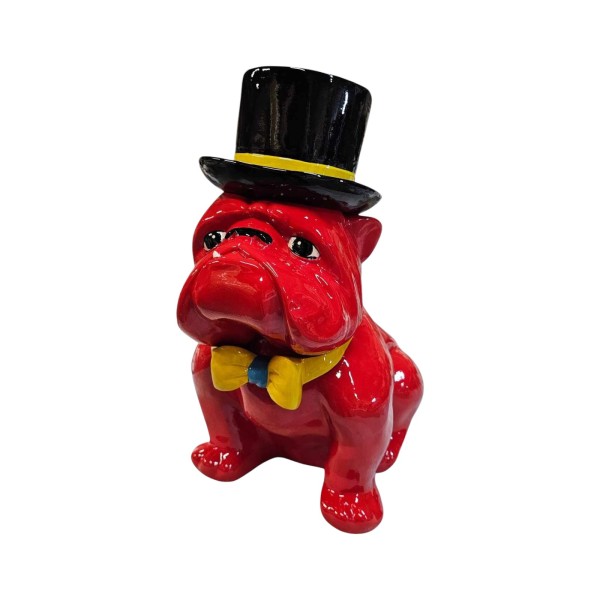 Figura Buldog Pop-Art Neo-Pop czerwony z cylindrem i muchą wysoki połysk  żywica H: 40cm