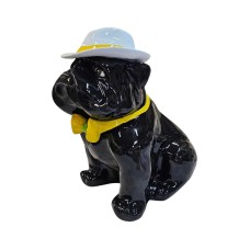 Figura Buldog Pop-Art Neo-Pop czarny z kapeluszem i muchą wysoki połysk żywica H: 40cm