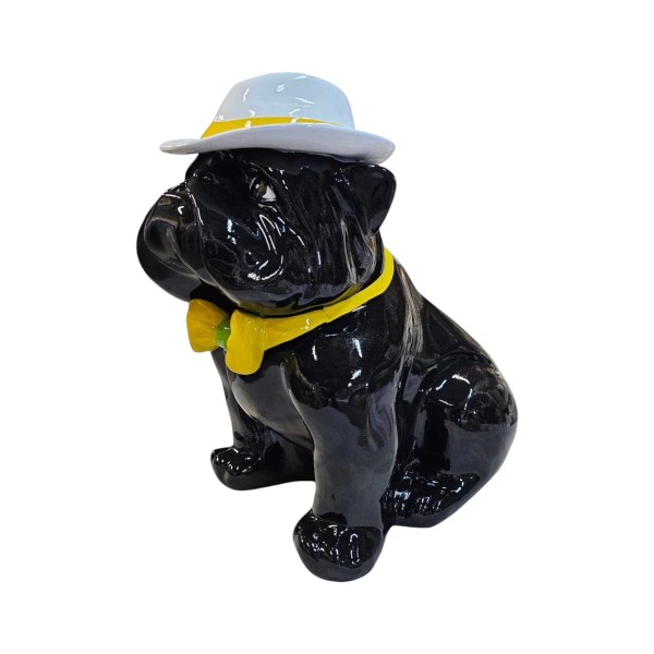 Figura Buldog Pop-Art Neo-Pop czarny z kapeluszem i muchą wysoki połysk żywica H: 40cm