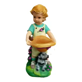Figura dekoracyjna Chłopiec z kapeluszem i pieskiem H: 48cm z żywicy - zdjęcie 2