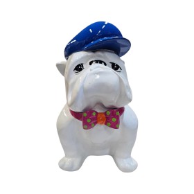 Figura Bulldog Pop-Art Gentleman White w czapce i muszce wysoki połysk żywica H: 40cm - zdjęcie 2