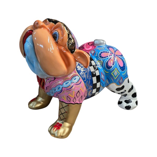 Figura Bulldog Pop-Art Boho Glam Patchwork niebiesko-różowo-złota wysoki połysk żywica H: 80cm