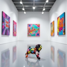 Figura Buldog Angielski Pop-Art Animal Flower Power Style wielokolorowa wysoki połysk żywica H: 80cm - zdjęcie 3