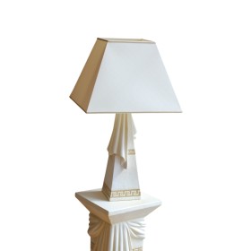Biała lampa nocna z prostokątnym kloszem, draperiami i złotymi wstawkami, H:0,66m - zdjęcie 1