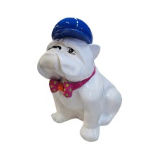 Figura Bulldog Pop-Art Gentleman White w czapce i muszce wysoki połysk żywica H: 40cm