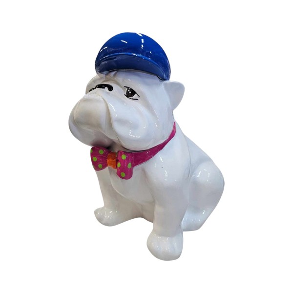 Figura Bulldog Pop-Art Gentleman White w czapce i muszce wysoki połysk żywica H: 40cm